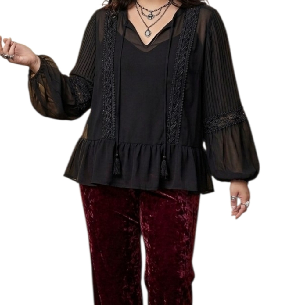 Whimsigoth Black Sheer Embroidered Top
